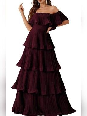 Off-Shoulder Tiered Maxi Dress in Wine